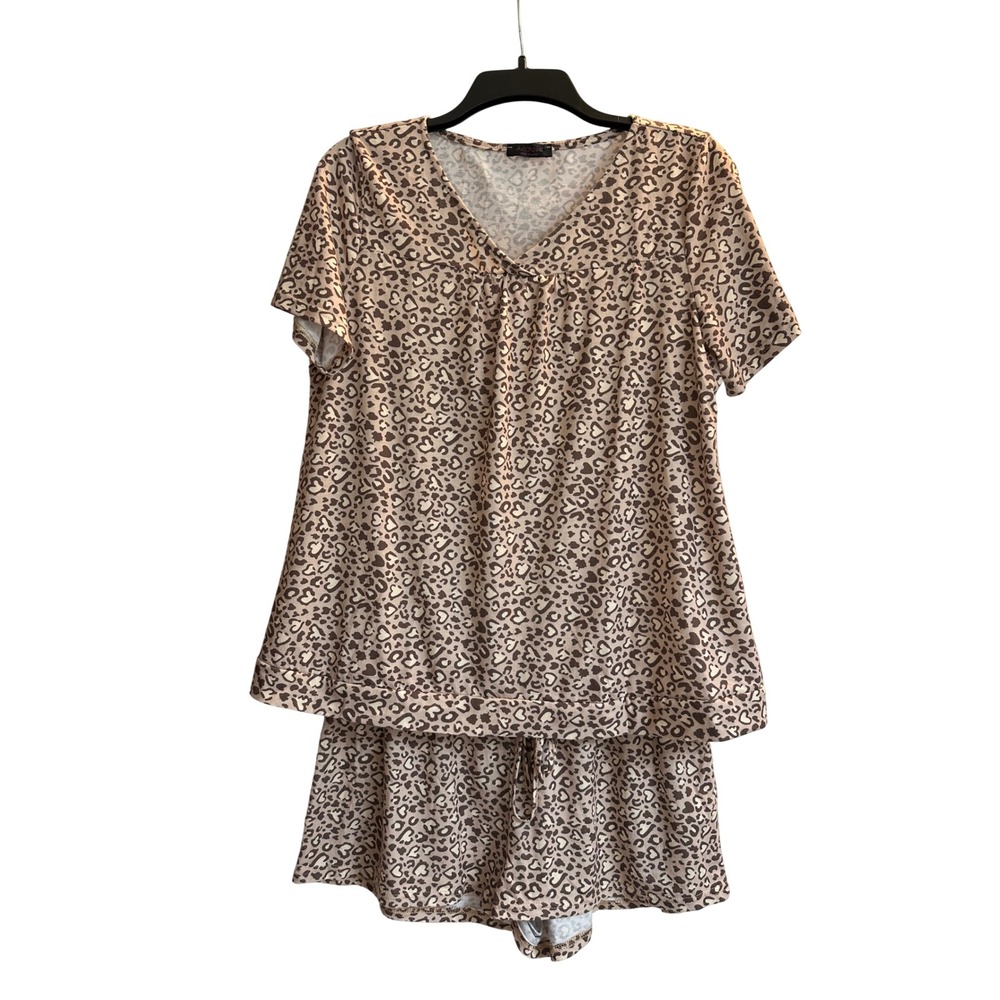 Avidlove Womens Leopard Heart Pajama Set Tan Brown Short Sleeve Shorts L
